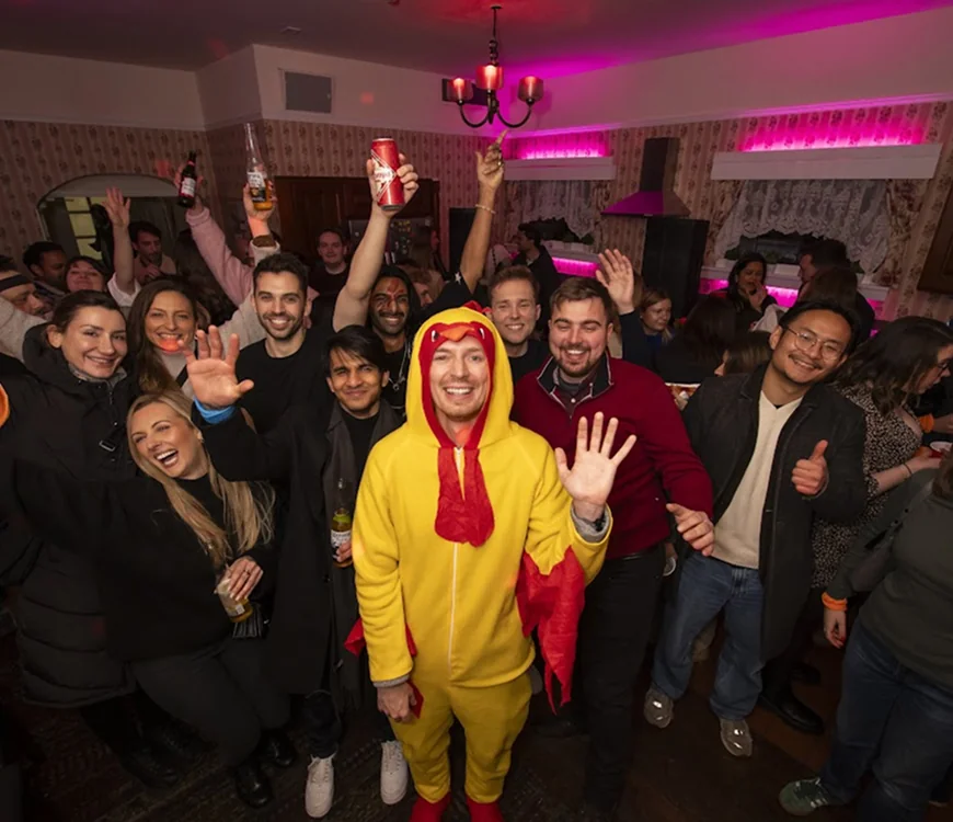 A team celebrating after catching the Chicken